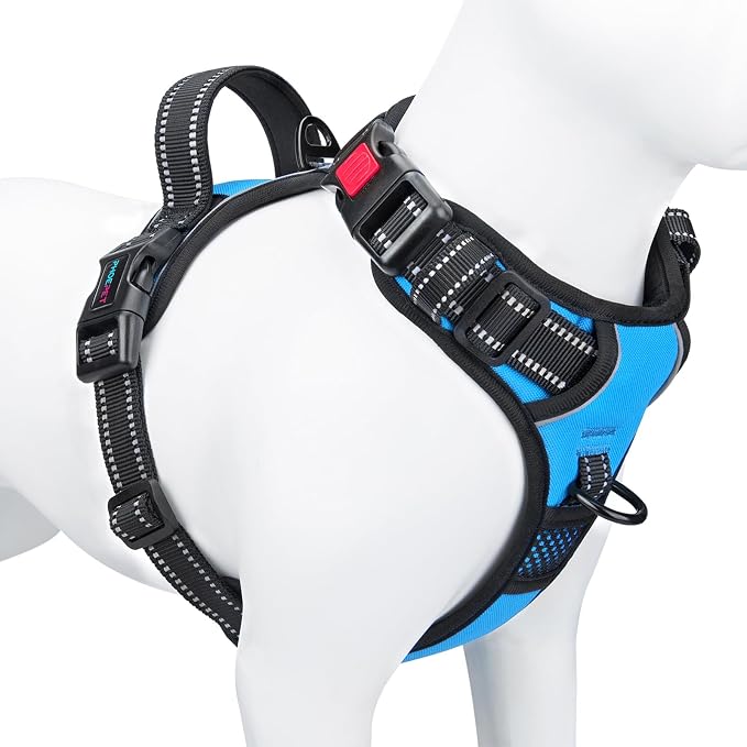 Reflective Dog Harness Large Breed Adjustable No Pull Vest | with Handle 2 Metal Rings 3 Buckles [Easy to Put on & Take off](XL, Blue)