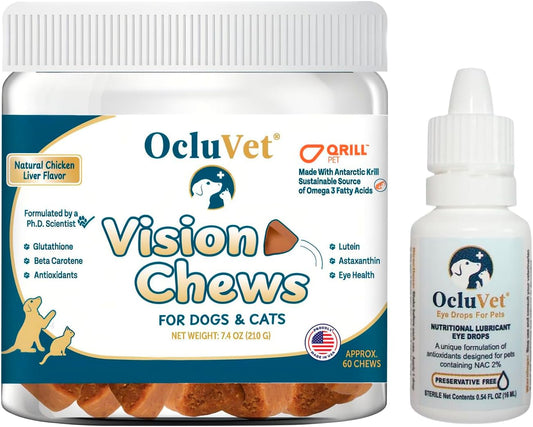 Bundle Eye Supplements for Dogs & Cats | Vision Chews with Omega-3 for All Ages | Includes 60 Chicken Liver Flavored Chews & Pet Eye Drops, 16 mL | Antioxidants & 2% NAC for Cataracts