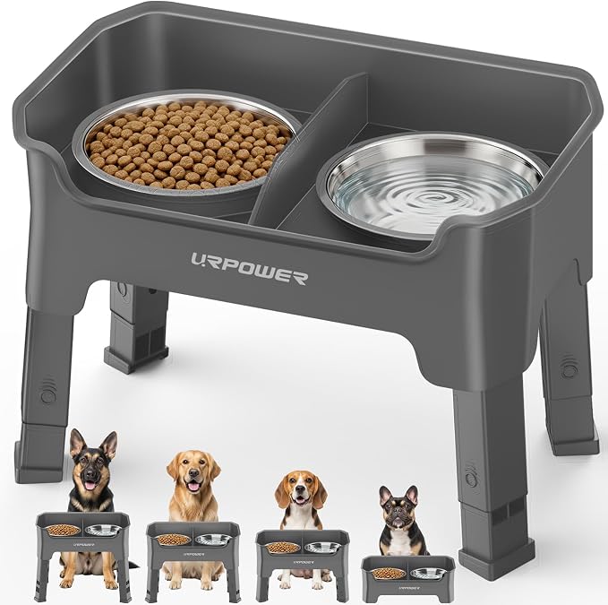 URPOWER Mess Proof Elevated Dog Bowls, Splash Guard Raised Bowl Stand | 4 Adjustable Heights, 2 Stainless Steel Bowls, Food & Water Separation, Foldable Design Non-Slip for Small Medium Large Dogs