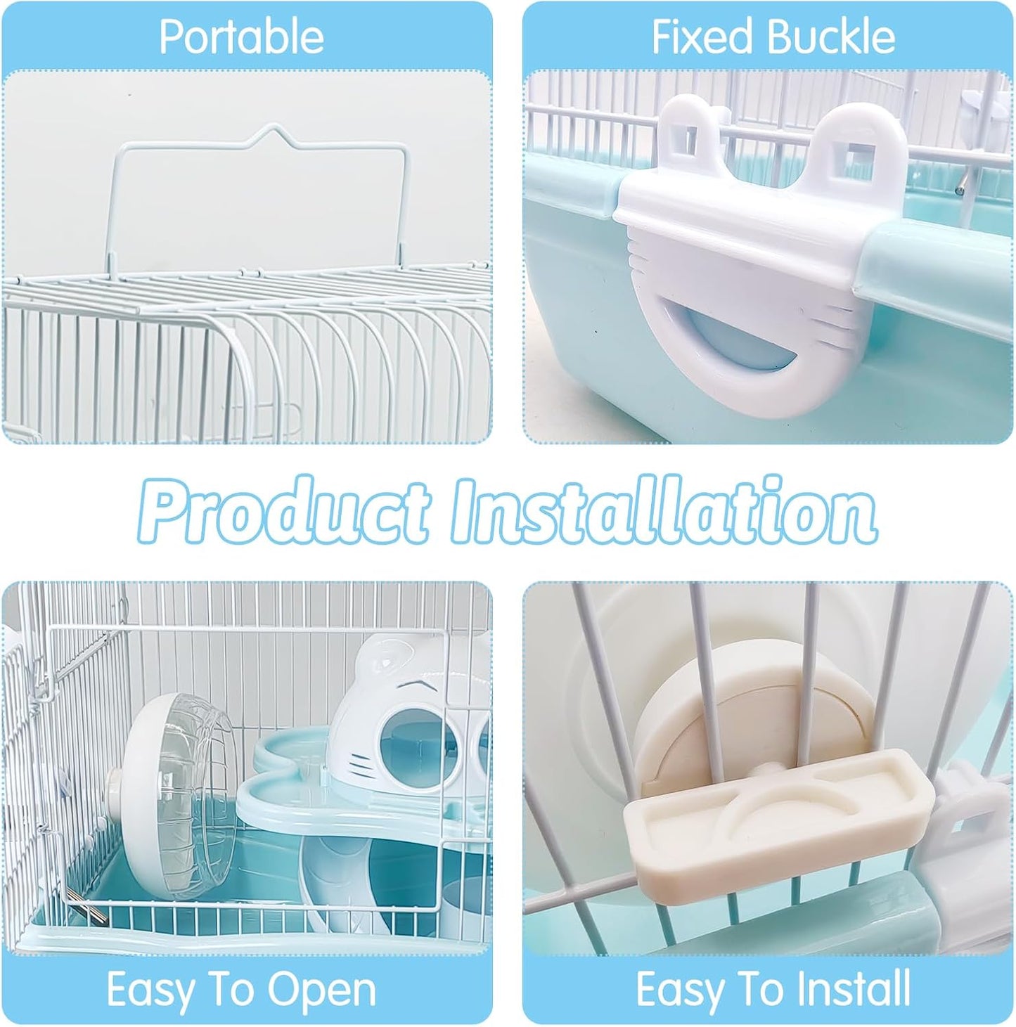 PINVNBY Dwarf Hamster Cage, Small Animal Cages, 2-Tier Travel Portable Mouse Cage Hamster Carrier with Castle House Running Exercise Wheels, Water Bottle and Food Dis（Blue）