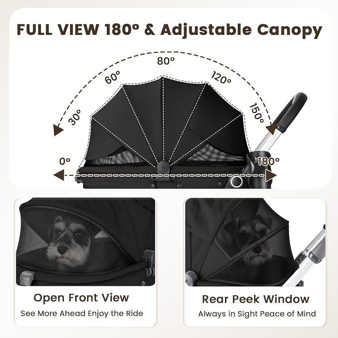 T4 Max Pet Stroller Dog Cat Stroller for Small Medium Dogs Cats, 4 Wheels Travel Folding Carrier Waterproof Puppy Stroller with Pad, Canopy and Cup Holder (T4 Max Black)