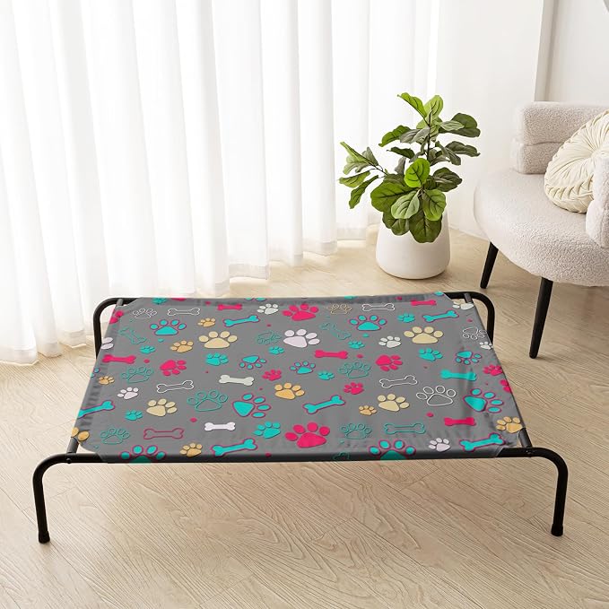 QOOMO Elevated Dog Bed with Cooling Fabric, Pet Cot for Small and Big Dogs, Indoor and Outdoor Use, Joint Relief, Cute Printed Cushion Included (Colored Paw Prints, 47.24" L*31.89" W*9.45" Th)