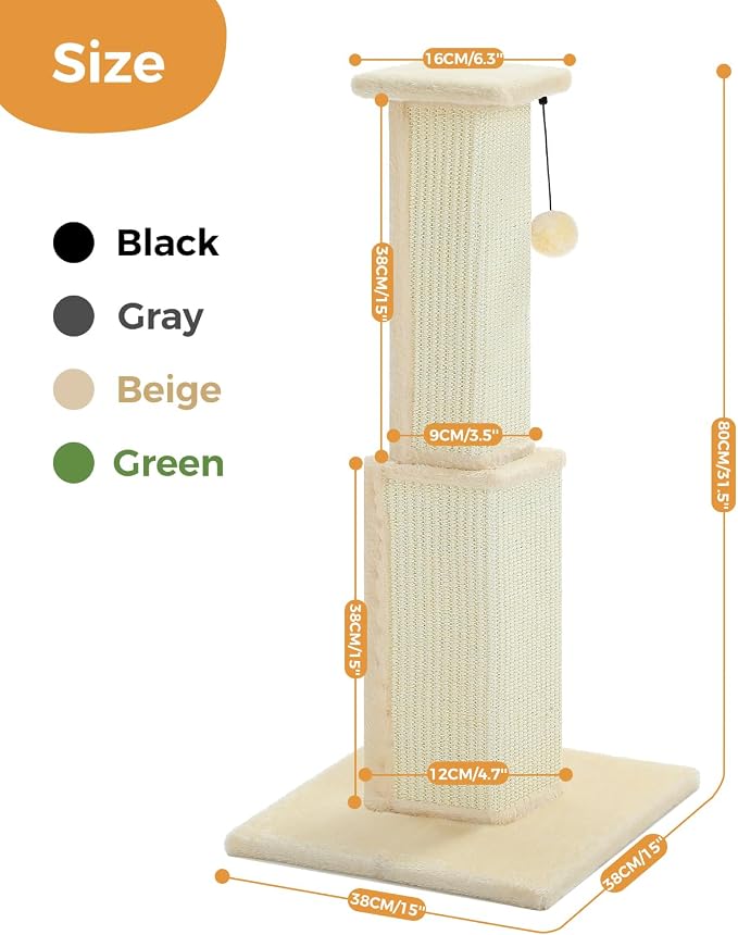 PAWZ Road Cat Scratching Post 32” Tall Square Cat Scratcher - Beige | Heavy Duty Cat Post with 16x16”Large Base Covered Sturdy Woven Sisal Scratcher and Cat Toy Ball for Adult and Indoor Cats