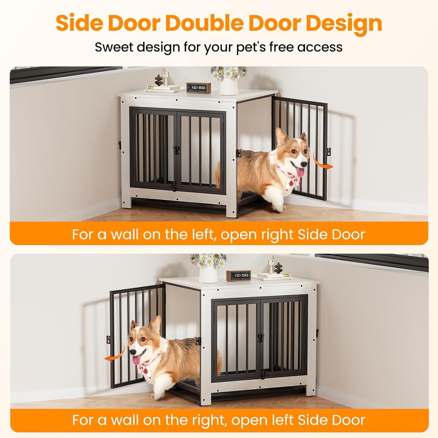 Dog Crate Furniture, Dog Crate End Table for Small and Medium Dogs,Wooden Cage Kennel Furniture Indoor, Modern Dog Crate with Multi-Purpose Removable Tray, Double-Doors Dog Furniture, White