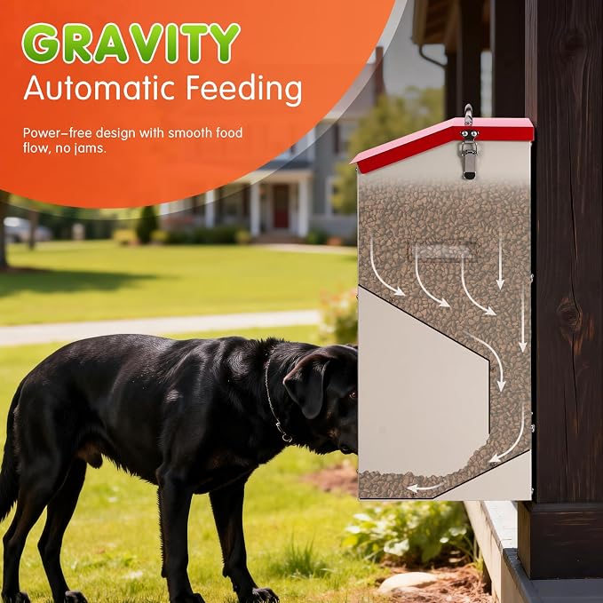 25 Lbs Automatic Dog Feeder for Large Dogs, Dog Food Dispenser | Galvanized Gravity Pet Feeder with Lockable Clear Gravity Door, Ideal for Dogs & Cats, Indoor and Outdoor Use, Wall Mountable