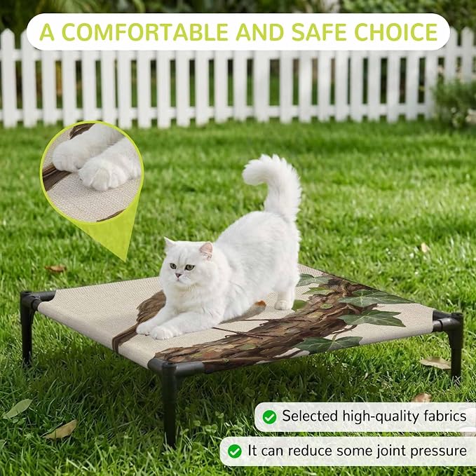 Outdoor Elevated Dog Bed for Small Dogs, Bird Breathable Cooling Raised Dog Cot for Indoor/Outdoor, Ivy Branch Animal Green Botanical Leaf Rustic Waterproof Elevated Pet Beds, S 20 x 20 in