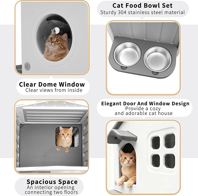 Rockever 2-Story Outdoor Cat House, Waterproof Cat House for Outdoor Cats | With Escape Door, Elevated Outside Cat House with Cat Bowls & Scratch Pads, Clean Easily(Grey)