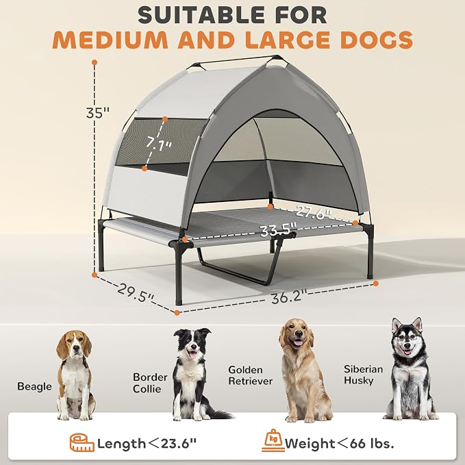 PawHut Elevated Dog Bed with Cooling Pad, 36" x 29.5" x 35", Light Gray | Raised Outdoor Pet Bed, Removable Canopy, Breathable Mesh, Storage Bag, Portable Pet Cot, for Indoor Outdoor Large Dogs