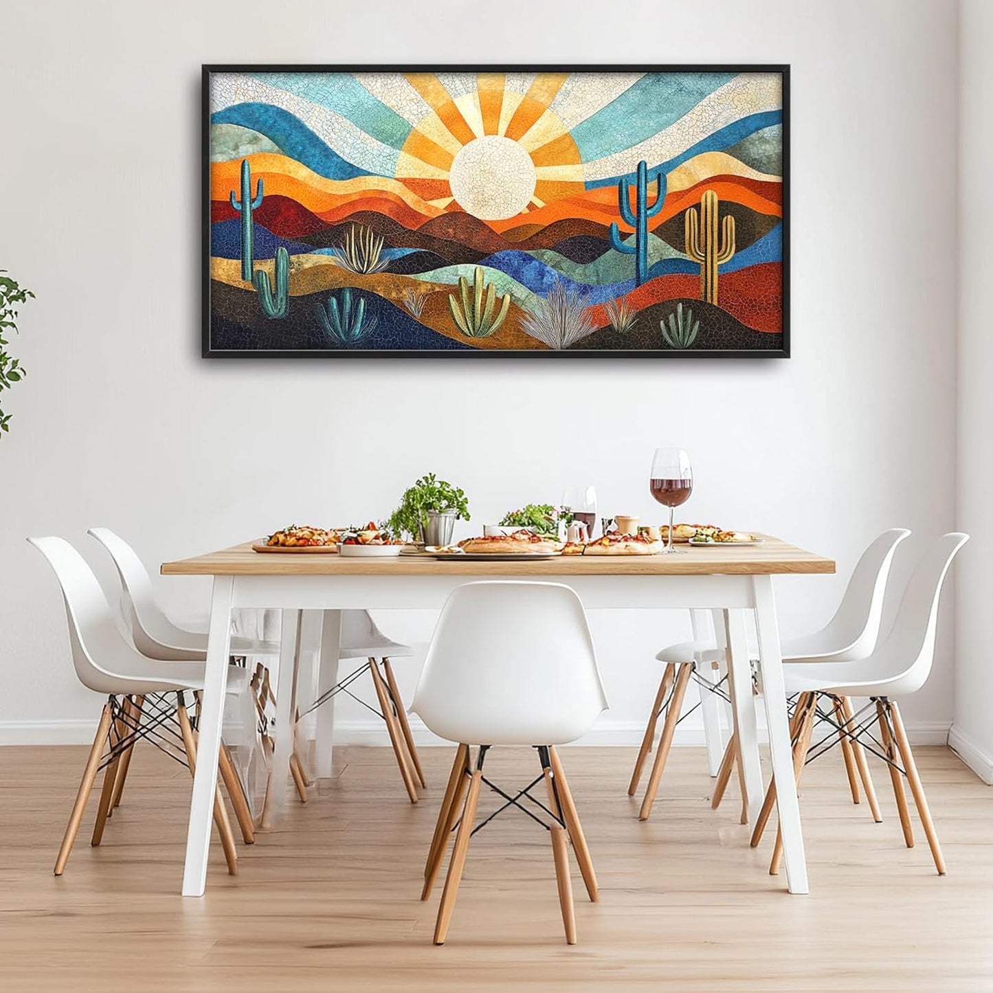 Extra Large Framed Abstract Boho Desert Wall Art, Sun Cactus Landscape Wall Decor Pictures for Living Room,Cacti Canvas Print Painting Modern Artwork Bedroom Office Bathroom Home Decor 60L x 30W