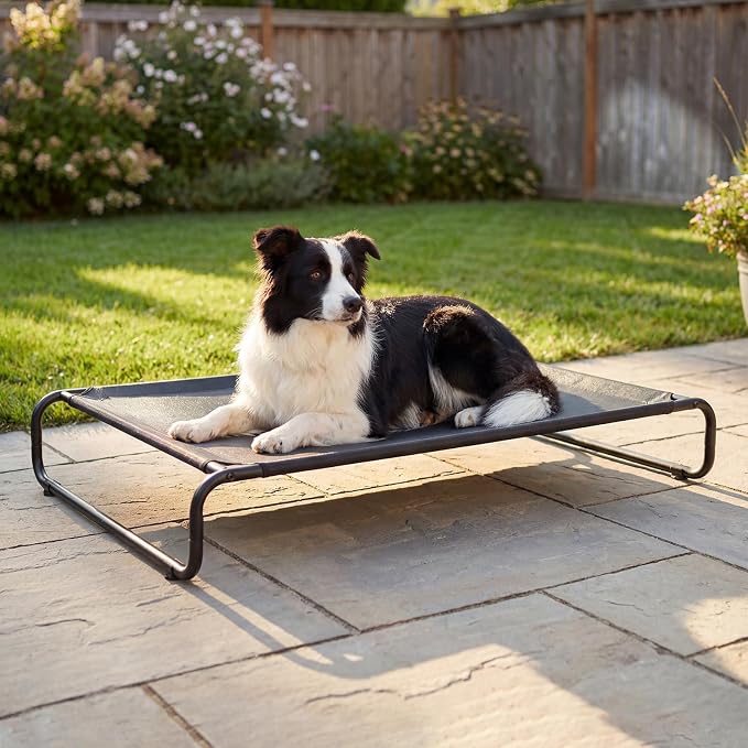 Veehoo Cooling Elevated Dog Bed, Outdoor Raised Dog Bed for Large Dogs | Dog Cot with Thickened Frame, Durable Teslin Mesh & Anti-Slip Rubber Feet, Pet Hammock for Indoor or Camping, 41", Black