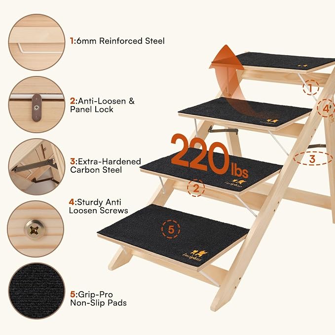 Luciphia Wooden 2-in-1 Dog Stairs, 3-Step Foldable Anti-Slip Pet Steps | For beds, cars, and couch, supports up to 220lbs, ideal for small, aged, and injured dogs and cats, indoor and outdoor use