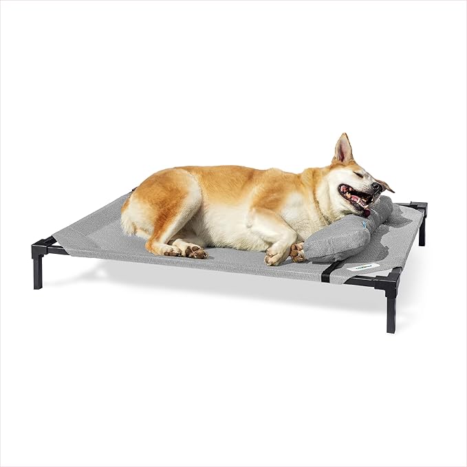 Coolaroo Pro Elevated Dog Bed with HeatShield Fabric – Advanced Cooling Raised Cot for Medium & Large Breeds, Easy-Clean, Low-to-Ground Access, Bonus Bolster Pillow – Glacier Grey