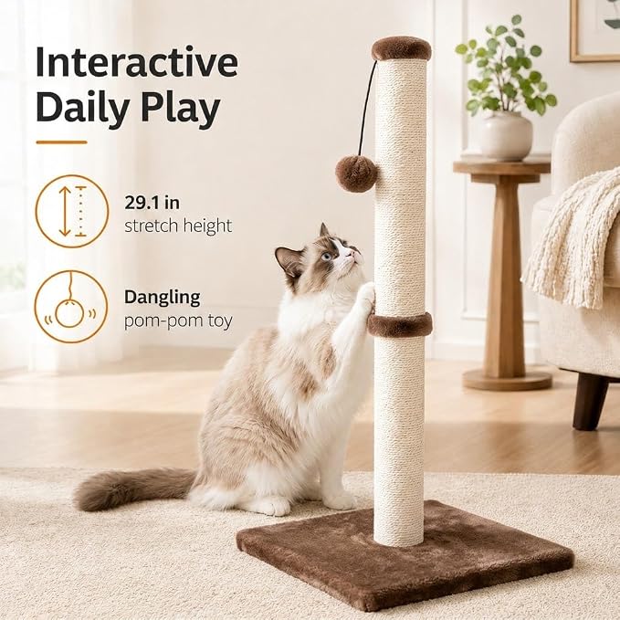 Dimaka 34" Height Tall Cat Scratching Post, Claw Scratcher with Sisal Rope and Covered with Soft Smooth Plush, Vertical Scratch [Full Strectch] for All Cats (Dark Brown, 34 inches for Large Cats)