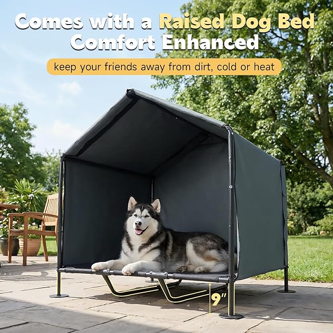 Large Dog House with Elevated Dog Bed, Waterproof Dog Shade with Back Cover | Portable Outdoor Dog Tent for Medium/Large Dogs, Sun & Rain Protection Canopy for Camping/Patio/Yard, Ground Stakes Included