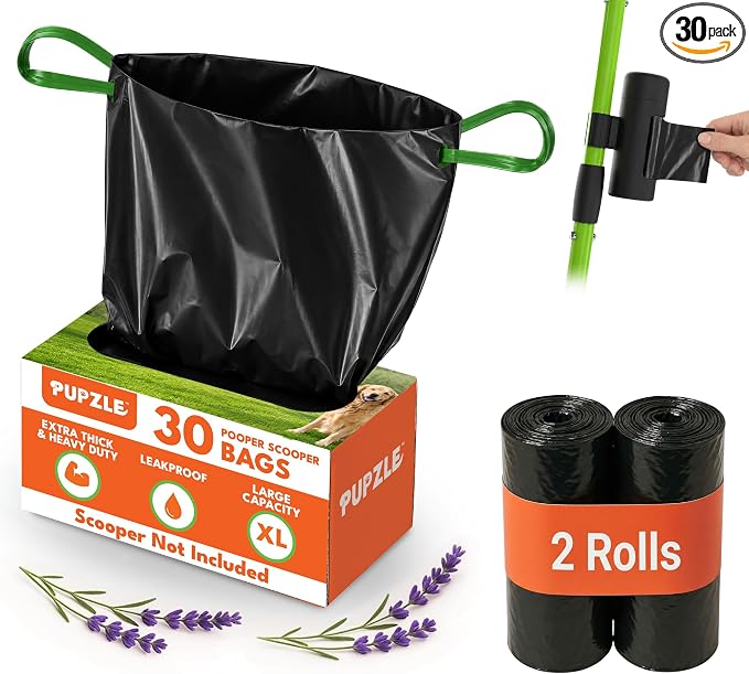 Pupzle Dog Pooper Scooper with Bag Attachment, 40" Long Handle | Dog Poop Scoop for Yard, Large Capacity Swivel Bin and Rake Pooper Scooper, Lavender Scented Bags for Large Dogs (Green)