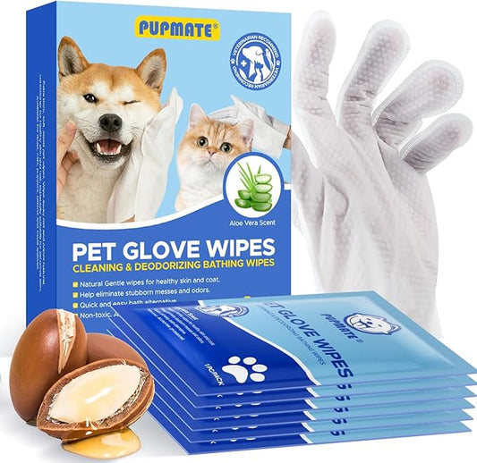 PUPMATE Pet Cleaning Glove Wipes for Dogs & Cats, Hypoallergenic Deodorizing Disposable No-Rinse Grooming Wipes, Extra Thick Bathing Wipes,Perfect for Pet Dry Cleaning,Daily Care and Travel,6 pcs