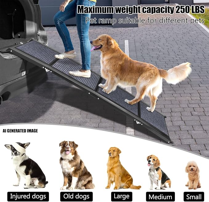 GaliGali Dog Ramp for Car Portable Folding Pet Stair 62" Long & 17.3" Wide | Ramp with Non-Slip Carpet, Wider Dog Stair Allow Medium to Large Dogs Up to 250 lbs to Enter Car, SUV and Truck