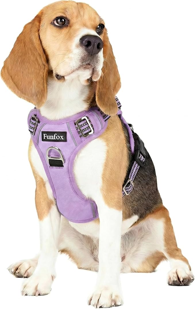 Dog Harness No Pull, Adjustable Pet Vest Harness, Super Soft Material with Vertical Handle Easy Control, Reflective Night Walking, 2 Leash Clips for Medium Sized Dogs, Purple, M