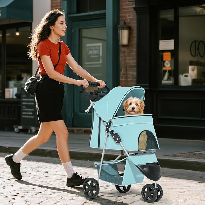 Pet Stroller for Small Dogs 10 lbs, Dog Stroller for Medium Dogs 30 lbs, Cat Strollers for 2 Cats, 3 Wheels Foldable Jogger Puppy Stroller with Storage Basket and Cup Holder, Mint