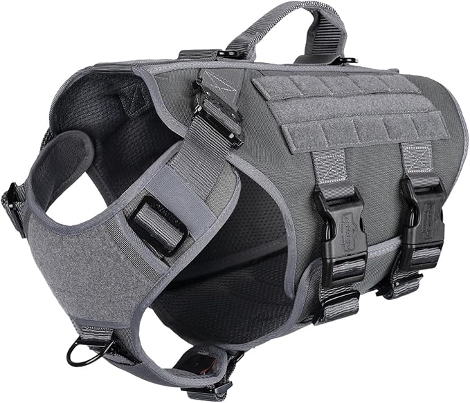 ICEFANG No Pull Tactical Dog Harness for Large Dogs,Adjustable Dog Vest | Control Handle,MOLLE Panel,Front Hook,3 Leash Clips,Soft Padded,for walking training,Grey,Large
