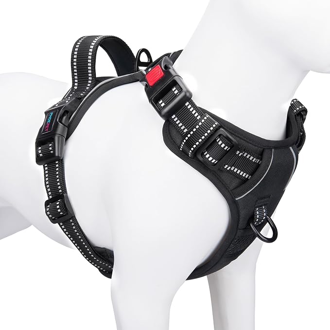 Reflective Dog Harness Large Breed Adjustable No Pull Vest | with Handle 2 Metal Rings 3 Buckles [Easy to Put on & Take off](XL, Black)