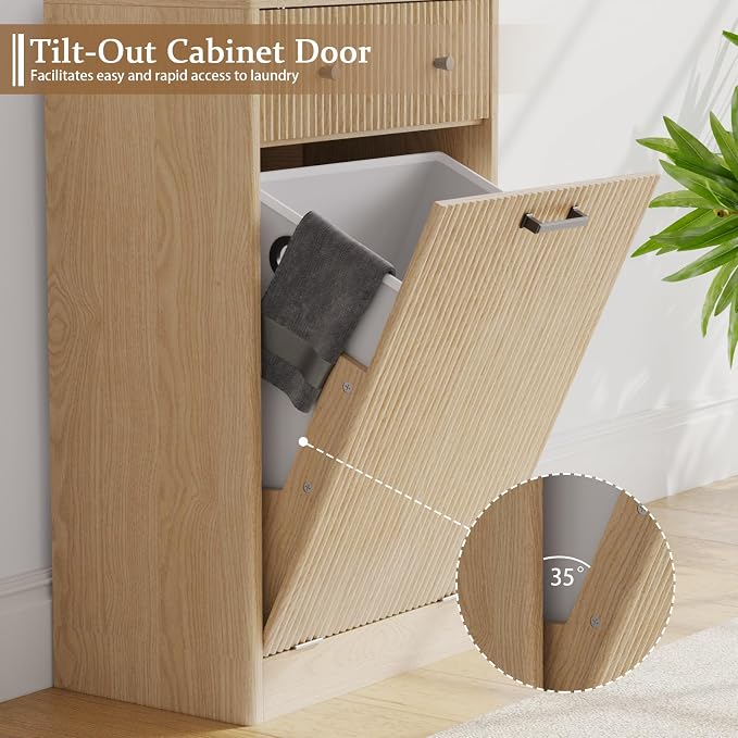 10 Gallon Tilt Out Trash Can Cabinet with Drawer - Modern Fluted Hidden Garbage Bin Holder, Curved Edge Wooden Laundry Hamper Cabinet, Natural Oak