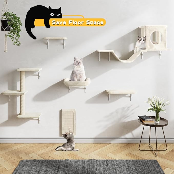 6-in-1 Cat Wall Shelves, Wall Mounted Cat Climber with Condo House, Scratching Post, Bridge Ladder, Space-Saving Indoor Play Furniture for Kittens, Beige