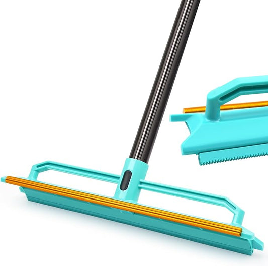 TidyBliss Carpet Rake for Pet Hair Removal Tool, 56.7” Long Handle Silicone Rug Scraper Broom, Double-Sided Dog Cat Fur Comb Brush for Mats, Couch, Furniture, Car Interiors (Blue)