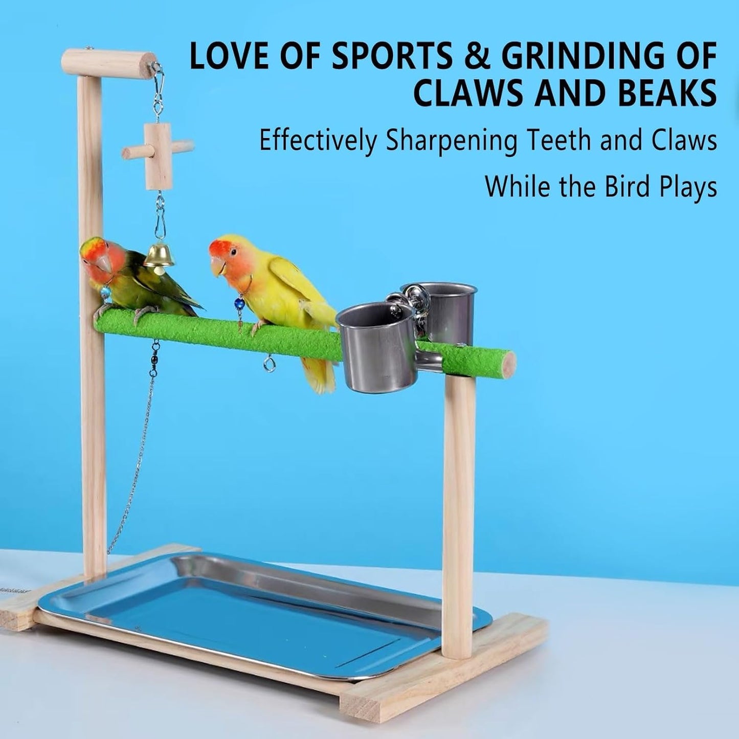 Bird Palyground, Parrot Playstand Natural Wood, Bird Perch Stand Gym with Feeder Cups and Removable Tray, Bird Cage Accessories for Parakeets Cockatiels Lovebirds