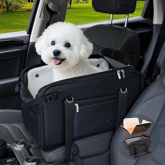 YUDODO 10-18lbs Large Console Dog Car Seat with Removable Velvet Cushion | Portable Puppy Cat Seat, PU Leather, Waterproof, Wipe Clean, Safe & Durable, Side Pockets, for Truck & SUV-Width>9.5in, Black