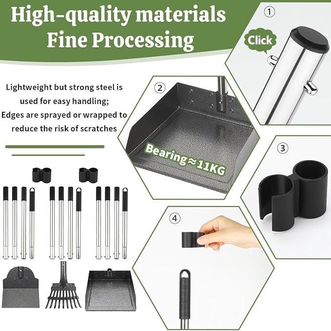 T2Y Pooper Scooper for Large Dogs, Rake & Spade & Extra Large Tray Set | 48" Tall No-Bend | 9.4'' Large Tray | Stainless Steel | Adjustable | Works on Grass, Gravel & Dirt | Easy to Install
