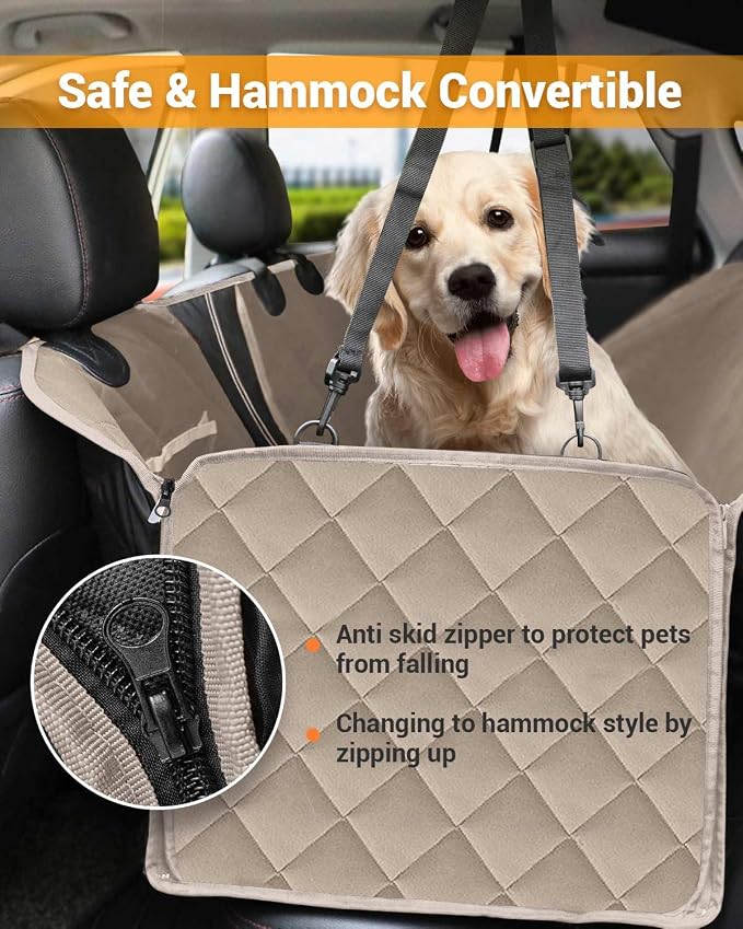 Dog Car Seat Cover, 600D Heavy Dute Car Seat Cover for Dogs Pets, 100% Waterproof Anti-Scratch Nonslip Dog Hammock for Cars, Seat Covers Protector with SeatBelt for Sedan SUV Truck Standard Khaki