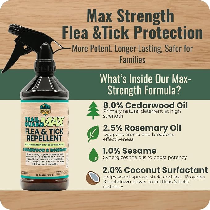 Trail Guard MAX - Natural Extra Strength Insect, Flea and Tick Spray for Dogs, People & Home (16oz MAX Strength, Cedarwood & Rosemary)