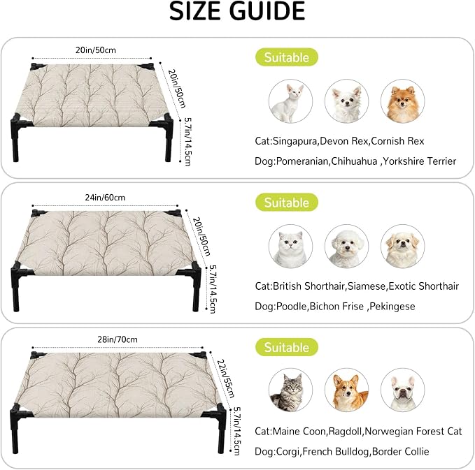 Outdoor Elevated Dog Bed for Small Dogs, Brown Branch Breathable Cooling Raised Dog Cot for Indoor/Outdoor, Autumn Leaf Country Tree Pastoral Botanical Waterproof Elevated Pet Beds, S 20 x 20 in