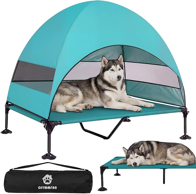 Elevated Dog Bed with UV-Proof Canopy, Outdoor Dog Tent with Powerful Adjustable Feet, Portable Pet Cot with Wider Shade, Raised Cooling Bed for Camping, Patio, Beach, Poolside