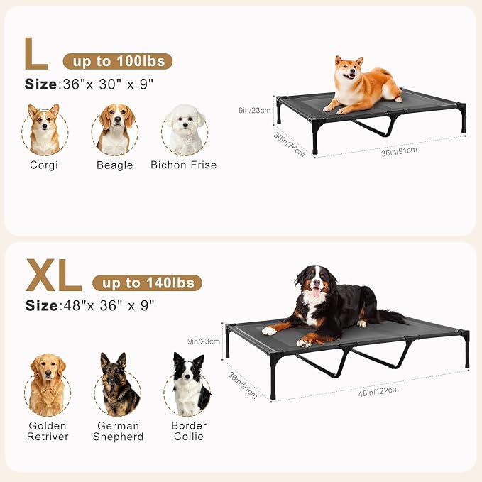 petizer XL Elevated Dog Beds for Large Dogs 48x36x9'', Hold up to 140lbs, Breathable Off-the-Ground Dog Cots, Anti-Sag Raised Dog Bed with Center Bars, Indoor & Outdoor, Black