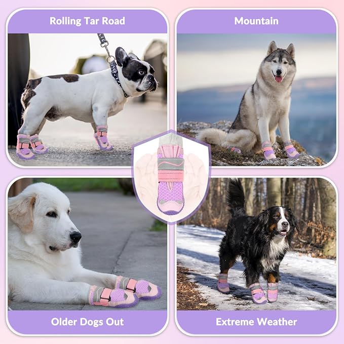 SlowTon Dog Shoes for Large Small Medium Dogs - Breathable Dog Boots for Summer Hot Pavement, Paw Protector for Outdoor Walking Winter Snow, Anti-Slip Rubber Dog Booties for Hardwood Floor (Pink, 5)