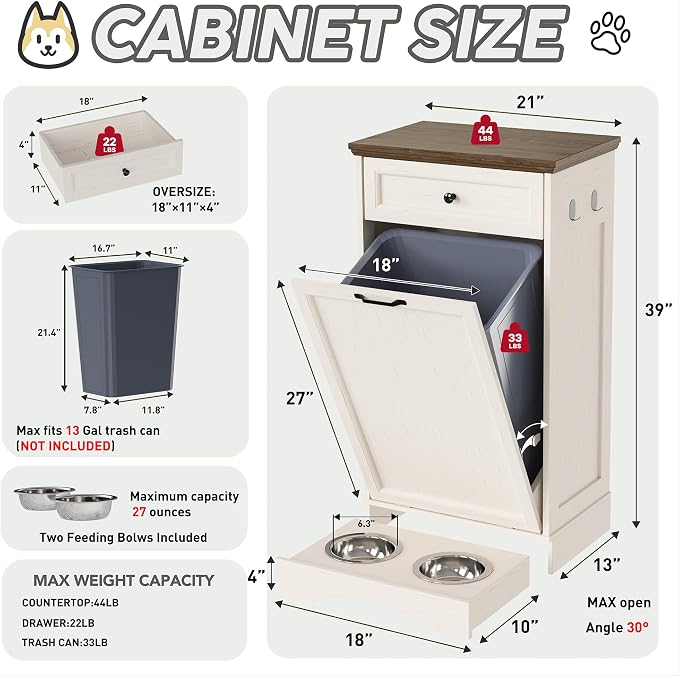 FIMELLO 21 ''WX 13''DX39''H Dog Feeding Station with 2 Feeding Bowls, Tilt-Out Dog Food Storage Cabinet with Drawer,Pet Feeder Cabinet,White Grain