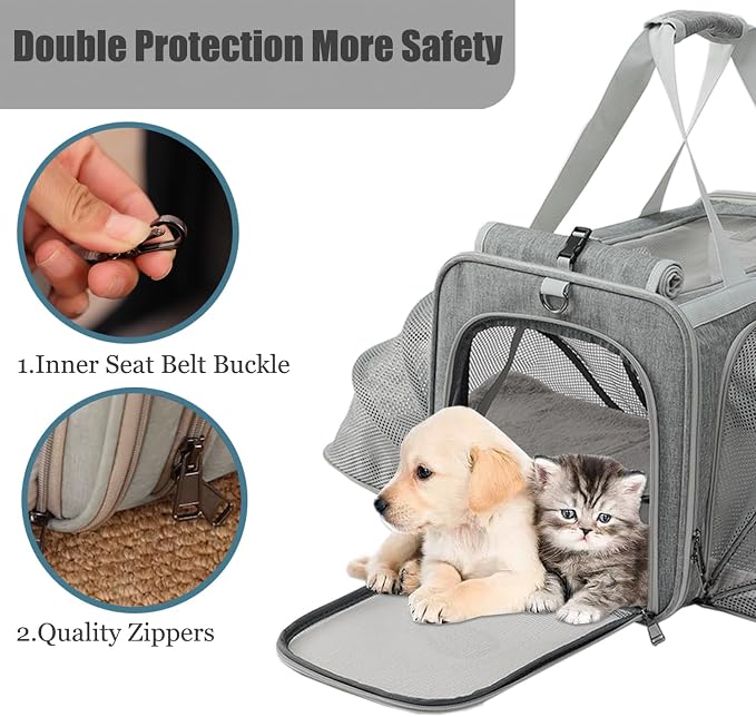 Cats Carrier for Small Dogs Puppy Cat Bag Expandable,Airline Approved,2 Sides Expand,Rabbit Bunny Pets Carriers Small Animals Travel Outdoor Carry Kennel (Grey)