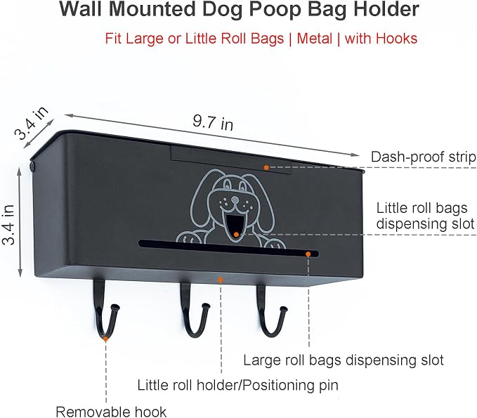 Poop Bag Holder Wall Mount Dog Poop Bag Dispenser with Hooks 200/300 Single Large Roll Pet Waste Station Bags Dispenser Indoor, Metal, Black