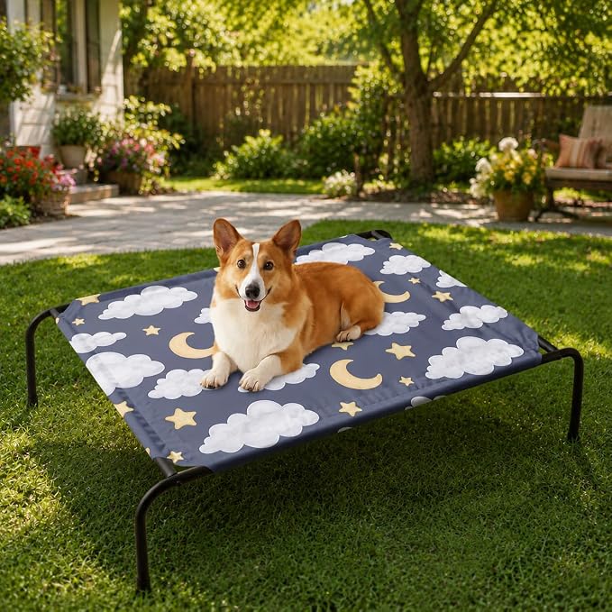 Black Night Cloud Moon Pattern Orthopedic Elevated Dog Pet Bed(47"X31"X9"),with Metal Frame,Breathable Waterproof Dog Kennel,Sleeping Bed for Small Medium Large Dogs Cats,for Home,Outdoor Use
