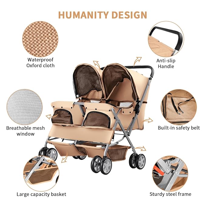 Double Pet Stroller for 2 Dogs & Cats, Side-by-Side, Beige | Foldable Two-Seater with Separate Cabins, 44 lb Capacity, Dual Baskets and Safety Tethers for Walks, Travel and Vet Visits