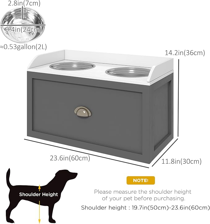 PawHut Feeding Station with Storage Drawer, Food Storage Cabinet with 2 Removable Elevated Bowls for Large Sized Dogs, Gray | 2 Removable Elevated Pet Bowls, for Large Sized Breeds
