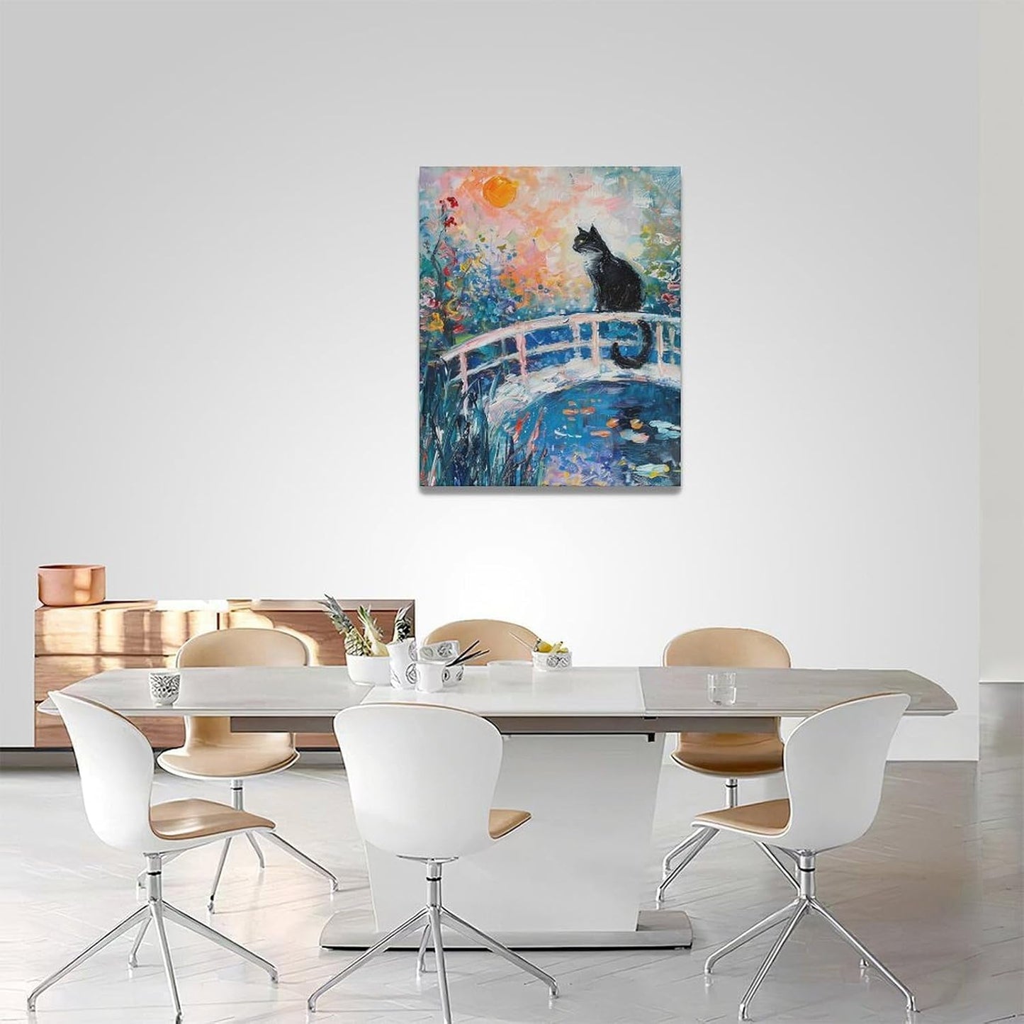 Quorin Black Cat Wall Art Water Lily Sunset Pictures Cat Wall Decor Impressionism Canvas Print Painting Artwork for Bathroom Living Room Bedroom 16"x20"