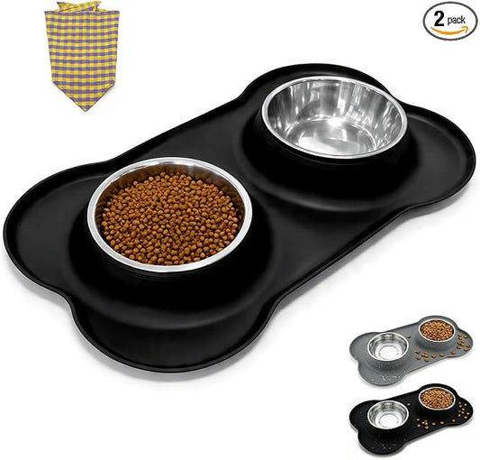 Double Stainless Steel Dog Bowls with Non-Slip Silicone Mat, Extra Small Puppy Food and Water Bowl Set, Spill Proof & Dishwasher Safe Pet Feeding Bowls for Small Dogs and Cats Under 8 lbs,BL (Black)