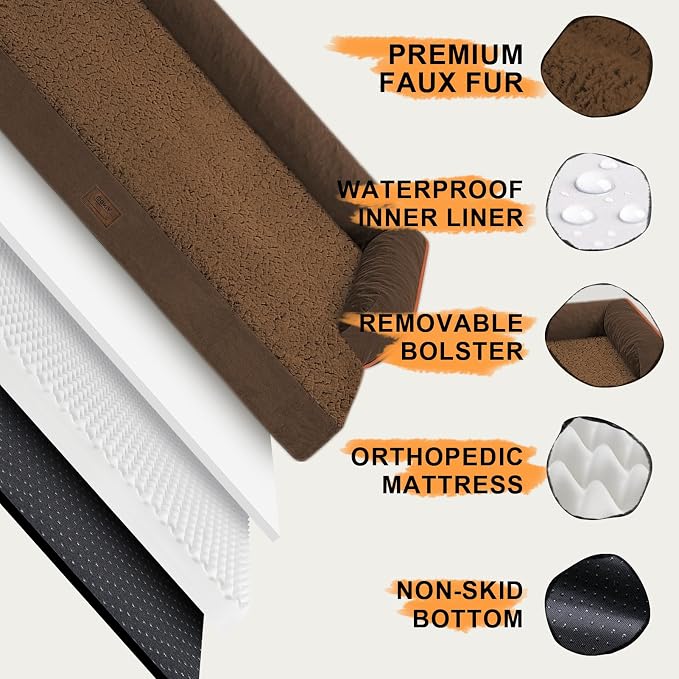 Orthopedic Waterproof Dog Bed with Bolster for Extra Large Size Dogs | Pillow Support for Neck Relief, Egg Crate Foam, Waterproof Liner, Anti-Slip Bottom, Removable Bolster Cover, 48 x 33 Inch