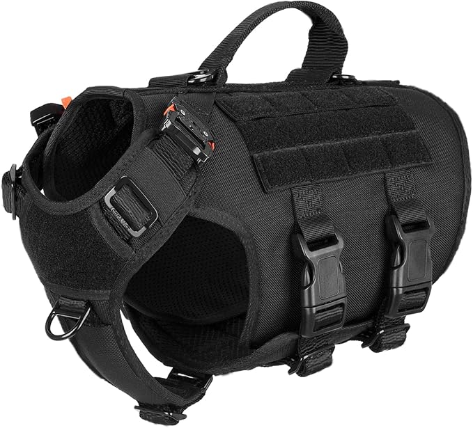 ICEFANG No Pull Tactical Dog Harness for Small Dogs,Adjustable Dog Vest | Control Handle,MOLLE Panel,Front Hook,3 Leash Clips,Soft Padded,for walking training,Black,Small