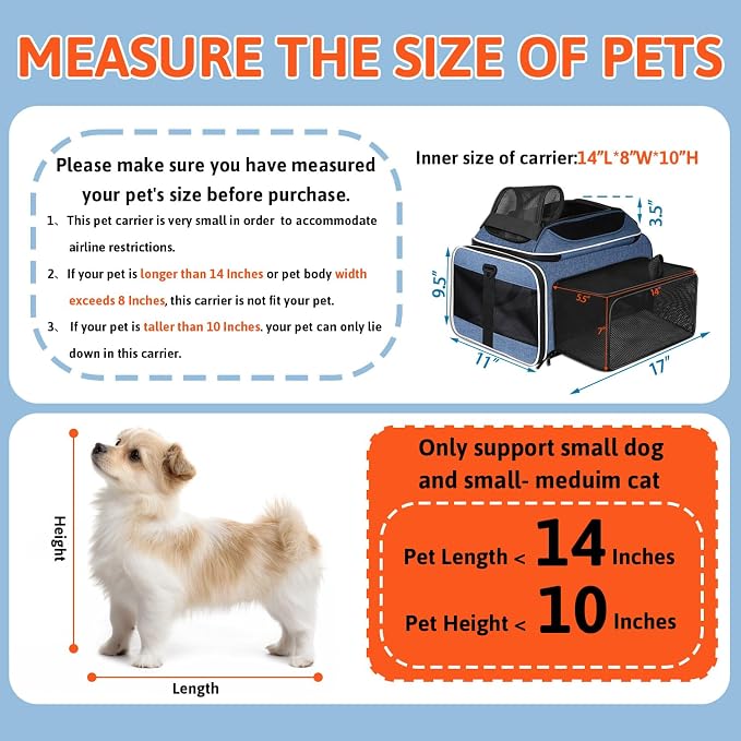 Petskd Top and Side Expandable Pet Carrier 17x11x9.5 Inches Alaska Airline Approved, Soft-Sided Carrier for Small Cats and Dogs with Locking Safety Zippers and Anti-Scratch Mesh(Blue)