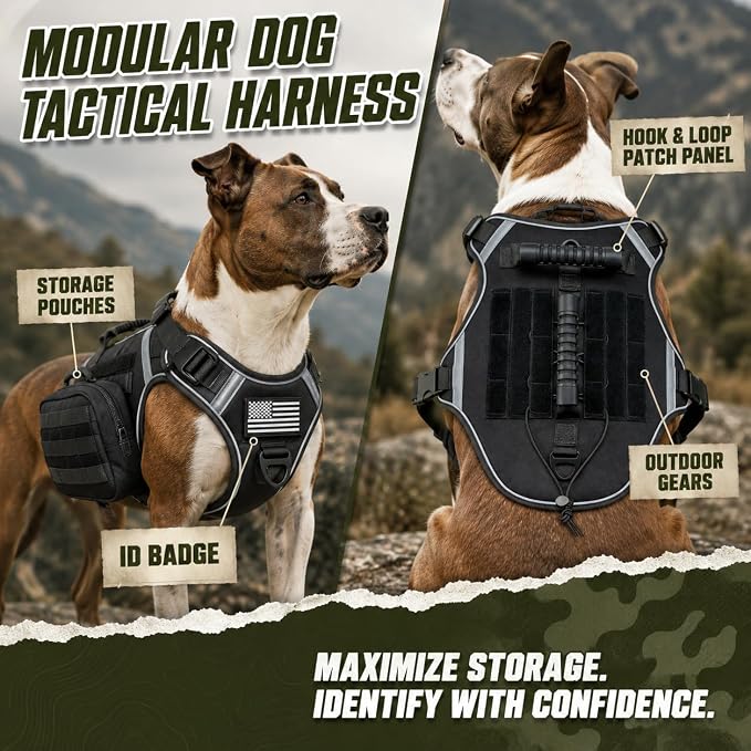 Tactical Dog Harness with Handles and Loop Panel,No Pull Tactical Dog Vest with Molle System, Adjustable Reflective Pet Vest for Walking Hiking Training Black L