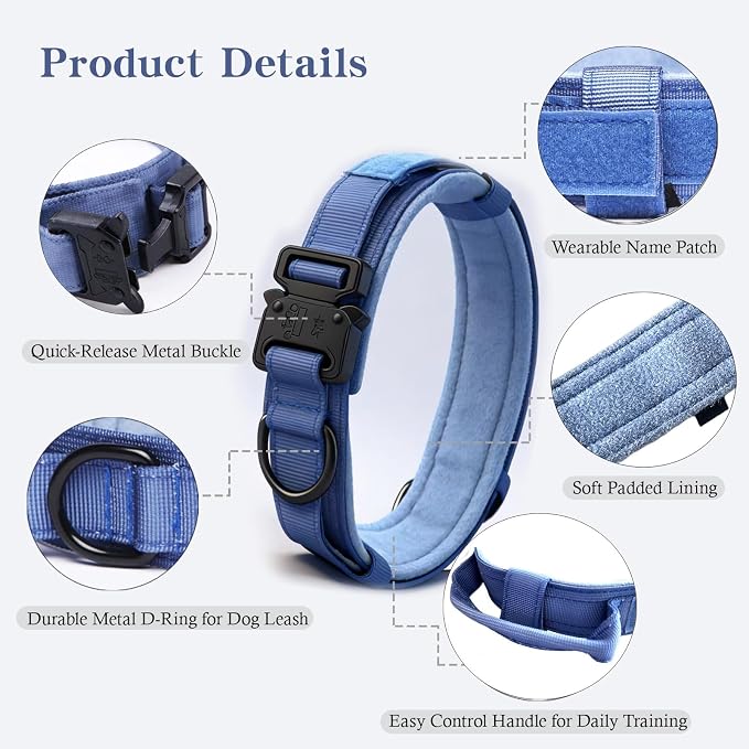 Tactical Dog Collar Adjustable Military Nylon Dog Collar with Control Handle and Heavy Duty Metal Buckle for Medium and Large Dogs (Dark Blue,L) | 1000D Heavy-Duty Nylon Fabric,Quick-Release Metal Buckle,Adjustable Fit,Soft-Padded Webbing,D-Ring,for Tr...